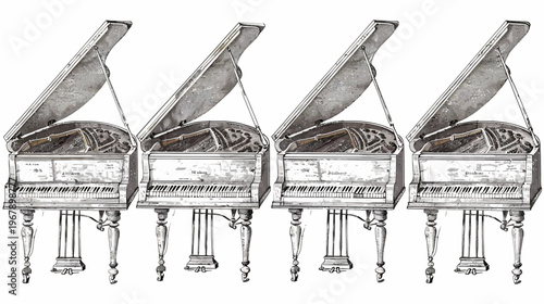 Four grand pianos in a row, rendered in an illustrative, grey, white and black style