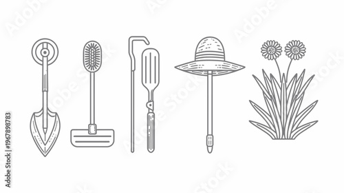 Line drawing shows gardening tools, including shovel, cultivator, hat, and flowers on white