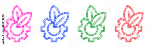 a colorful set of neon icons combining a gear and leaves symbolizing green industry sustainable technology and eco friendly development and innovation in manufacturing and process