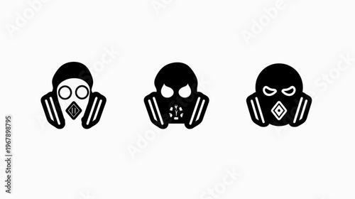 Three black gas mask icons, each having a different style, stand against a white background