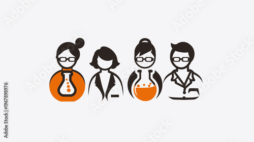 Stylized vector image showing four scientists or researchers in lab coats