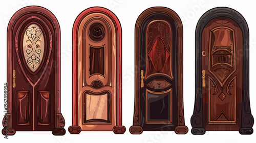 Four intricately designed, stylized, arched wooden doors with unique details