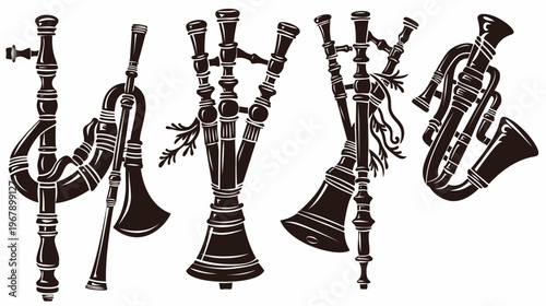Silhouette illustration of a wind instrument ensemble on a white backdrop, carved style