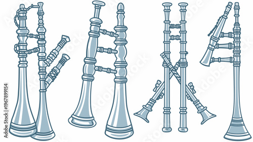 Group of blue/gray doodle-style wind instruments with bell ends on a white background