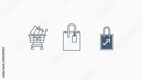Three shopping-related line icons in blue on white. A cart, and two shopping bags