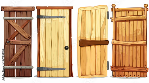Four cartoon wood doors, hinged and rustic, light & dark, isolated on white bg