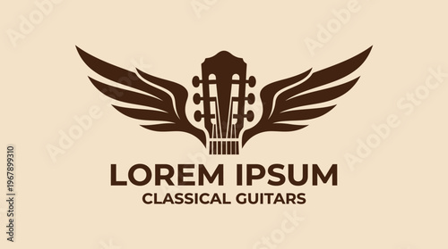 Elegant guitar headstock logo with wings, perfect for classical guitar brands.