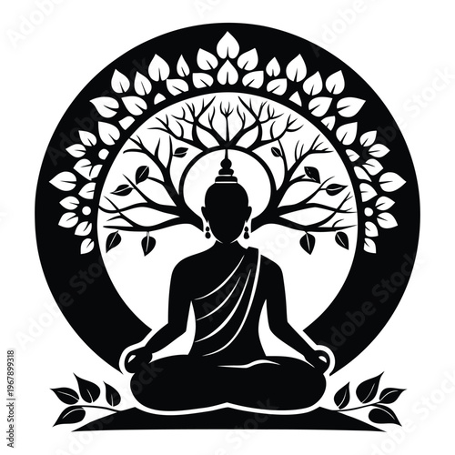 Lord Buddha Meditating Under Bodhi Tree Silhouette - Sacred Buddha Purnima and Vesak Day Vector Illustration