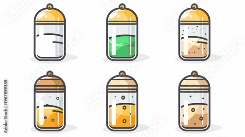 Six jars with colored contents, outlined in black, with tan/yellow lids and simple shading