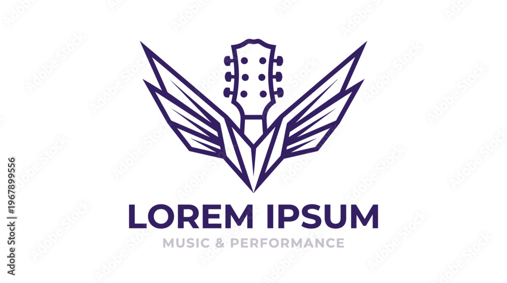 Obraz premium Elegant guitar logo with wings, representing music and performance, artistic design.