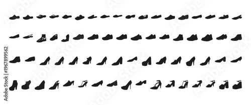Footwear silhouettes collection sketch pair. Multiple shoe styles with varied profiles education, technical reference training. Technical fashion illustration detailed vector isolated elegant style