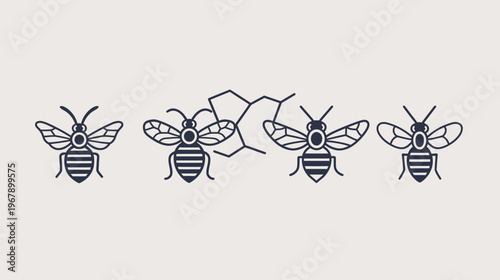 Stylized bee icons are arranged in a row with a structural graphic in the middle