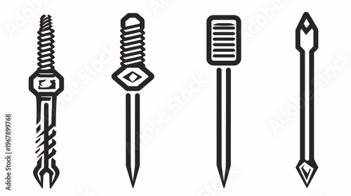 Four decorative skewer designs arranged in a neat row, rendered in black and white