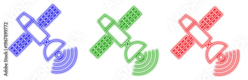 A colorful set of three neon satellite icons in blue, green, and red, representing space communication technology and wireless data transmission with glowing outlines.
