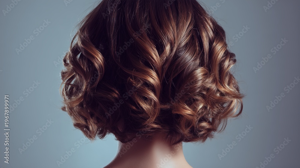 Fototapeta premium Woman with modern curly bob haircut viewed from the back soft lighting highlights elegant minimal hairstyle