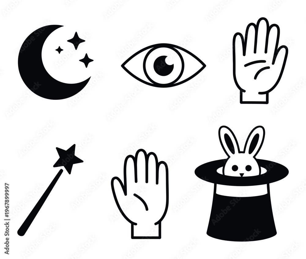 Fototapeta premium Collection of Magic and Mystical Moon, Stars, Eye, Hands, Wand, Rabbit in Hat