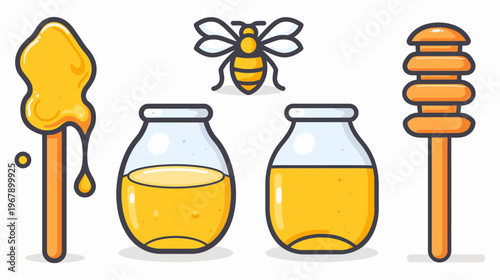 Honey vector art featuring a dipper, two jars, and a bee in a simple, cartoon style