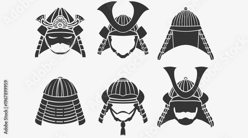 Six black & white vector illustrations of samurai helmets on a bright white backdrop