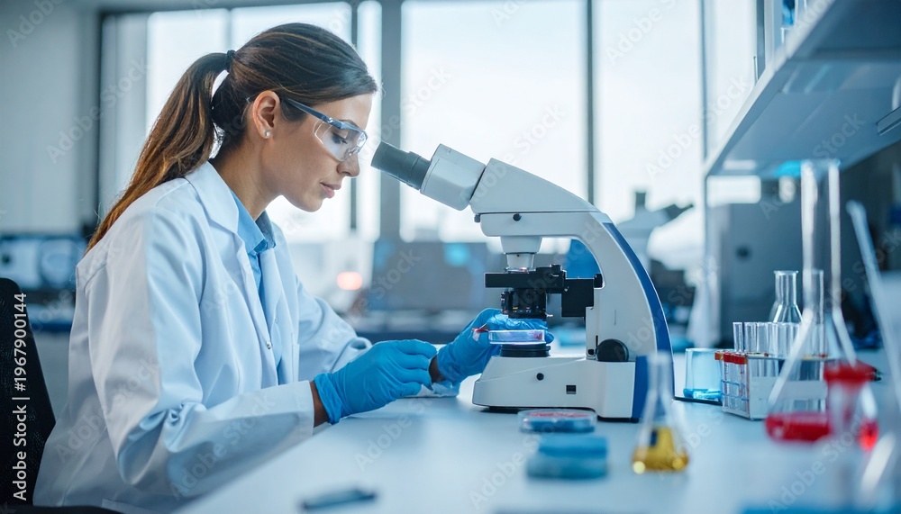 Naklejka premium Scientist in lab coat examines sample through microscope at laboratory table with various equipment.