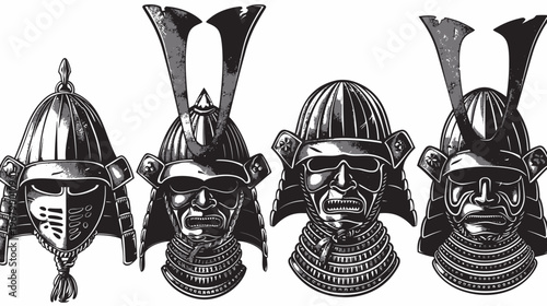Four monochrome, distressed-style samurai masks, side by side, facing forward