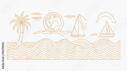 Line art illustration of a seascape with palm, globe, sailboats, and wavy water