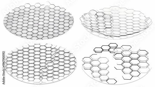 Abstract grayscale hexagons arranged on oval plates, some incomplete, creating a pattern