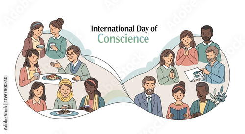 Illustration of diverse people engaging in discussions and activities on International Day of Conscience, promoting global unity and peace with a mix of business and casual settings.