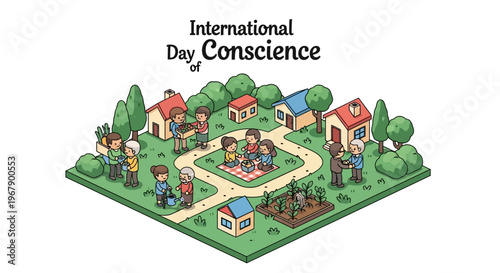 Illustration of people engaging in community activities on International Day of Conscience with a global peace awareness theme