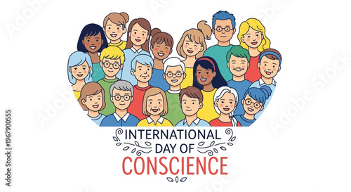 Illustration of diverse people forming a heart shape on International Day of Conscience with a global unity and peace concept on a white background.