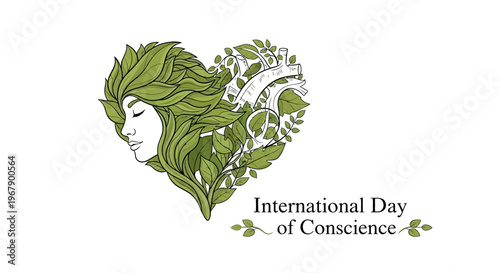 Illustration of a woman's face made of leaves and flowers forming a heart shape with the text 'International Day of Conscience' on a white background, conveying global conscience awareness