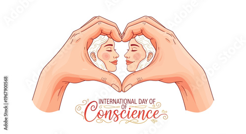 Illustration of two smiling faces in a heart shape hands for International Day of Conscience promoting global peace awareness and human values.