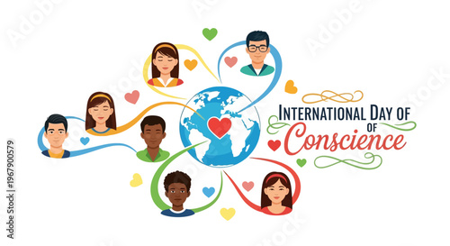 Illustration of diverse people connected around the globe on International Day of Conscience, promoting global unity and peace with colorful hearts and lines.