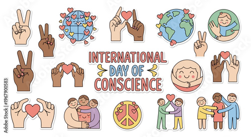 A vibrant illustration of diverse hands and peace symbols on International Day of Conscience, promoting global unity and peace awareness with colorful graphics and emotive icons on a clean