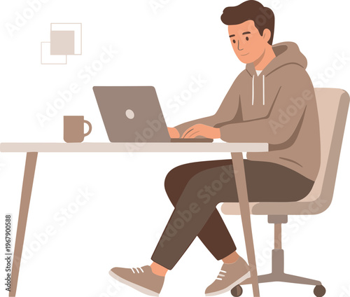 A man works on laptop at desk with coffee nearby