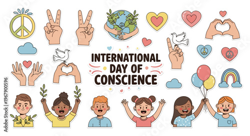 Illustration of diverse people and symbols promoting global conscience awareness and peace on International Day of Conscience with colorful icons.