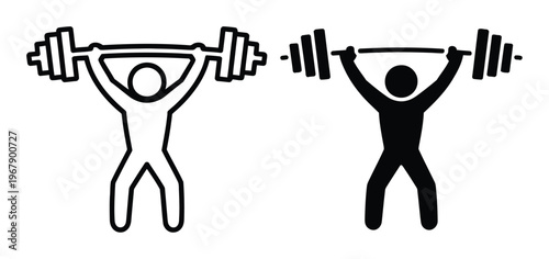 Two stick figures lifting barbells, one outlined, one solid black