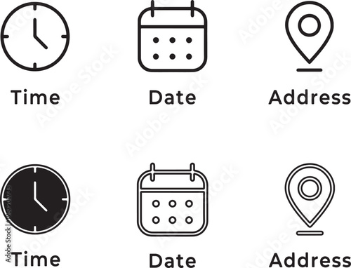 Time date and address information icons set isolated on transparent background