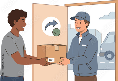 Delivery man handing package to smiling customer at doorstep outside