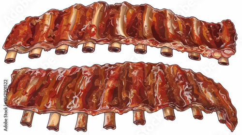 Two racks of glazed, barbecued ribs, stacked, with visible bones, on a white background
