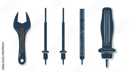 Assorted tools Wrench, awls, file, and screwdriver on a white background