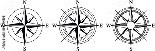 Vintage compass rose sketch, hand drawn nautical wind rose vector illustration for navigation maps travel themes and maritime design.