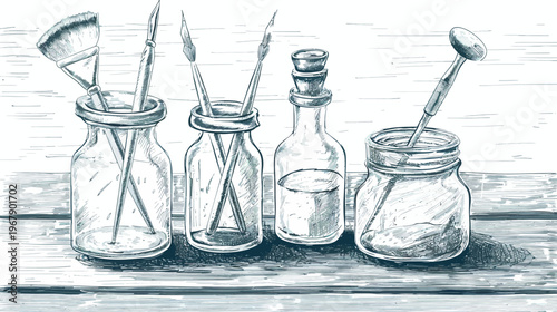 Artistic sketch of paintbrushes and ink bottles on a wooden surface in grayscale