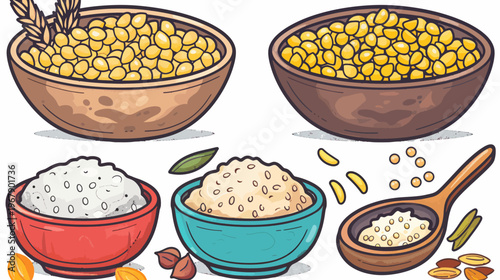 Cartoon bowls filled with grains, rice, and beans; plus a spoon of grains