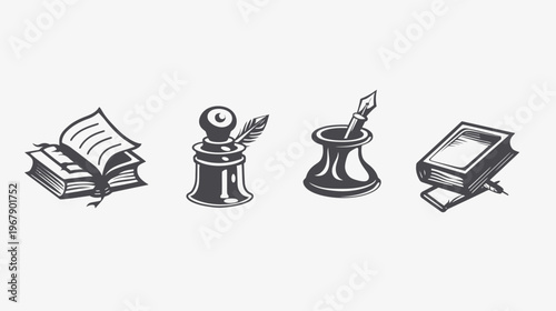 Vintage inkwells and books, sketched in gray scale, convey a classic literary style