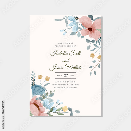 Invitation Card Pink and Blue Floral Watercolor Background