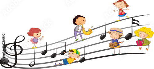 Kids playing music on staff vector illustration