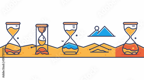 Stylized hourglasses with sand & water, and mountain landscape, outlined, on white