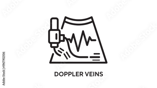 Minimalist black and white Doppler veins icon illustrating vascular ultrasound examination, ideal for healthcare, medical diagnostics, and vein treatment educational materials.