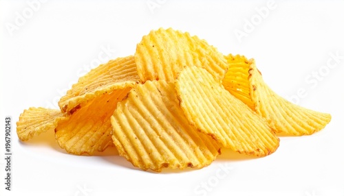 A delicious pile of crispy potato chips is displayed prominently on a clean surface