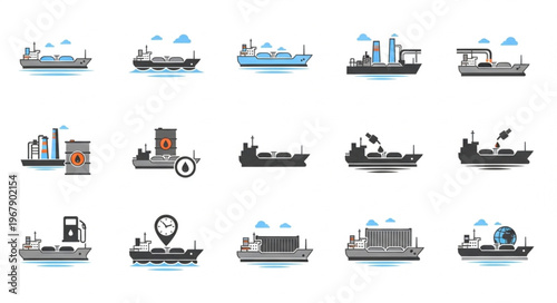Collection of Cargo Ships and Tankers in Vector Illustration.